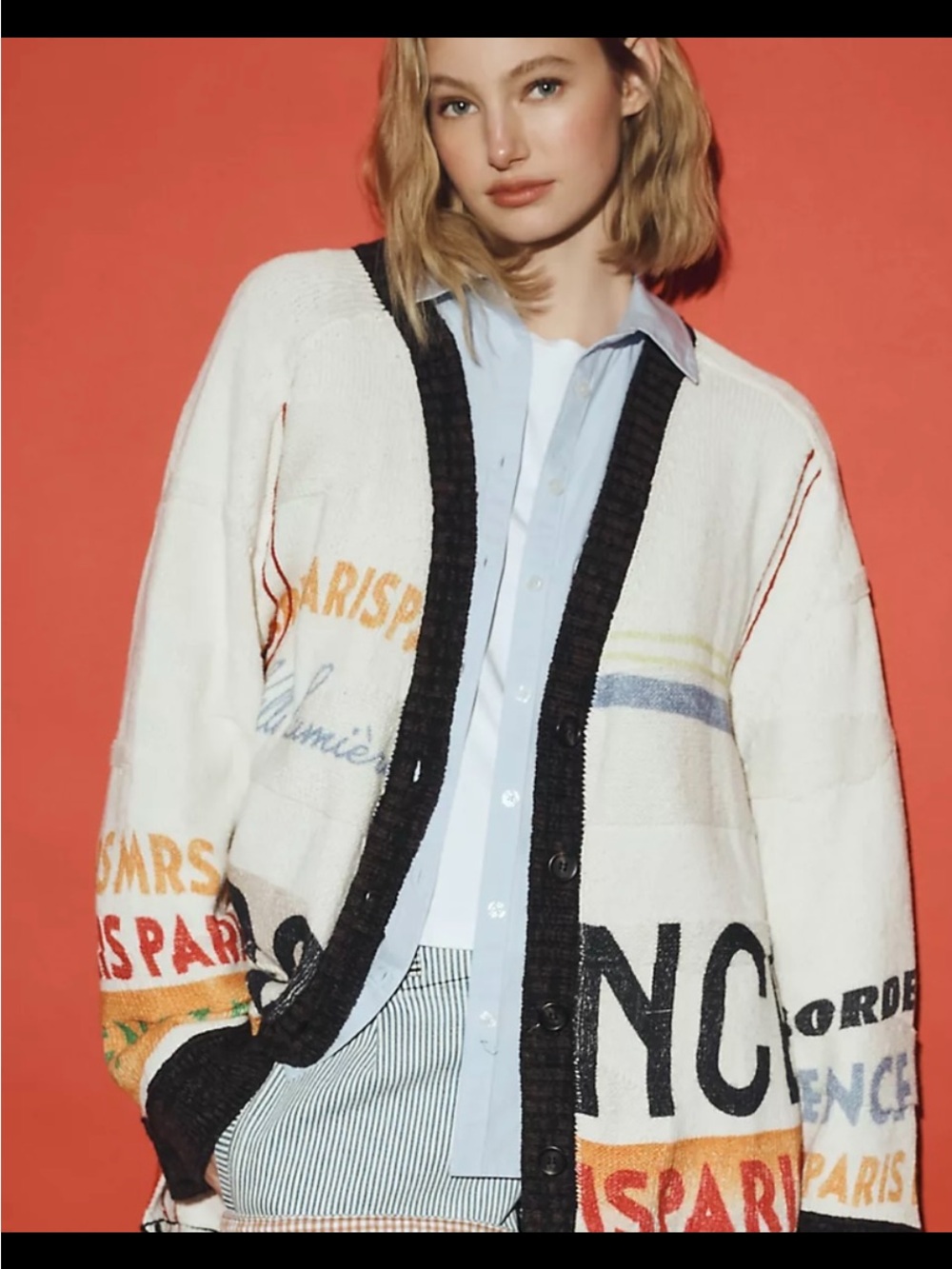 Maeve Boyfriend Cardigan with Black Trim and Multicolor Lettering. No offers.